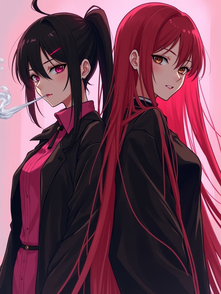 Two anime-style girls with contrasting hairstyles and outfits stand back to back. One has pink and black hair, wearing black and pink clothes, with pink lip gloss. The other has long red hair, dark skin, brown eyes, and wears black and red attire. Background features flashing lights.