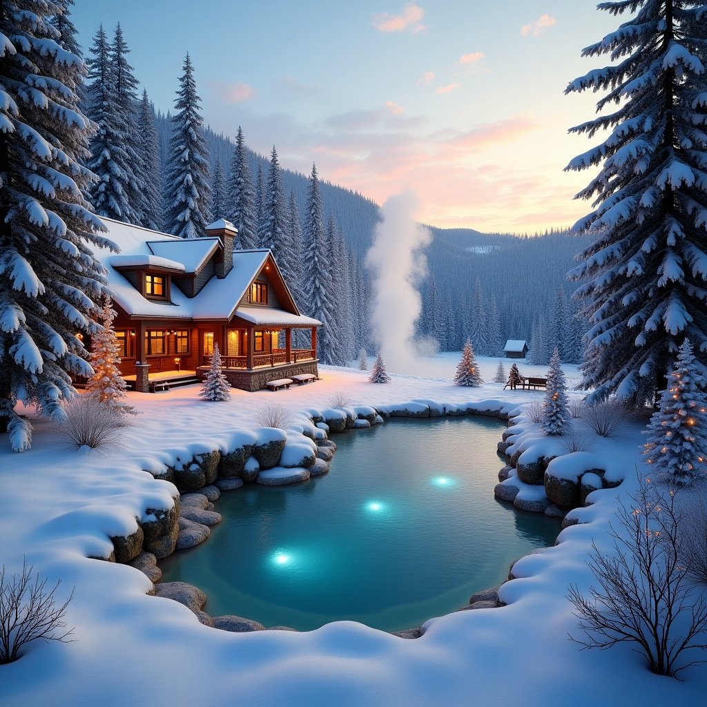 A cozy winter cabin surrounded by snow-covered trees and mountains. A geothermal pool with illuminated lights enhances the scene. Soft morning light creates a tranquil atmosphere. Ideal for holiday themes.