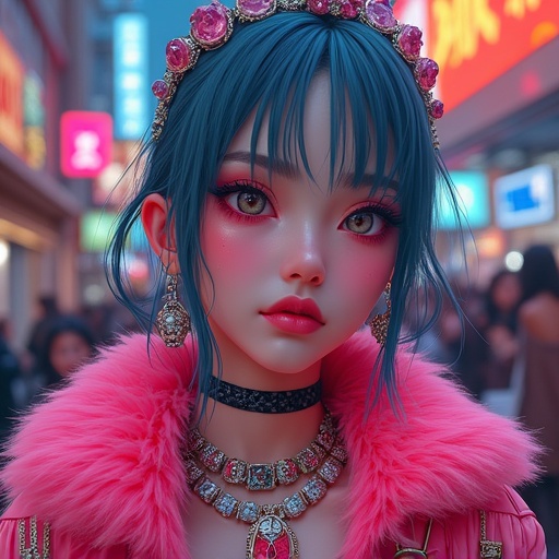Highly fashionable figure with anime aesthetics. Bright colors showcase a futuristic urban style. Features luxurious accessories. Vivid and eye-catching appearance.