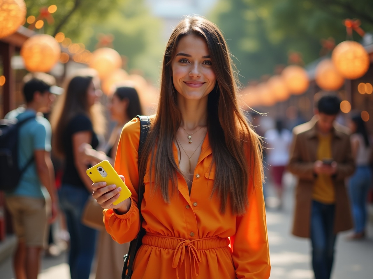 The image features a young woman standing outdoors, dressed in a vibrant orange outfit with a relaxed fit. She has long, straight hair that cascades down her shoulders, catching the light beautifully. In her right hand, she holds a bright yellow phone case with a design on it. The background is softly blurred, showcasing a festive atmosphere with lights and decorations. The setting suggests a gathering or celebration, with people visible in the distance engaged in conversation. The woman's expression is calm and confident, adding to the warm ambiance of the scene.