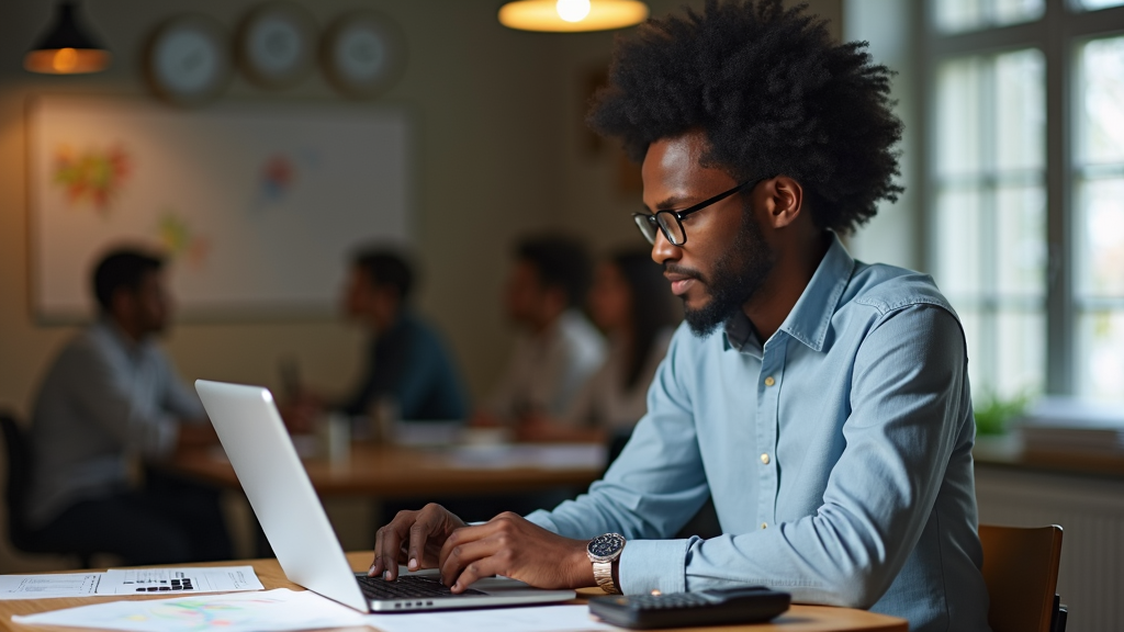 A man intently types on a laptop in a busy office setting, with a group collaborating in the background.