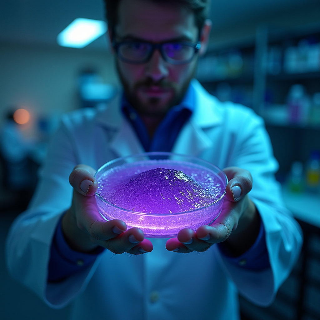 A scientist in a lab coat holds a petri dish containing a glowing purple substance.