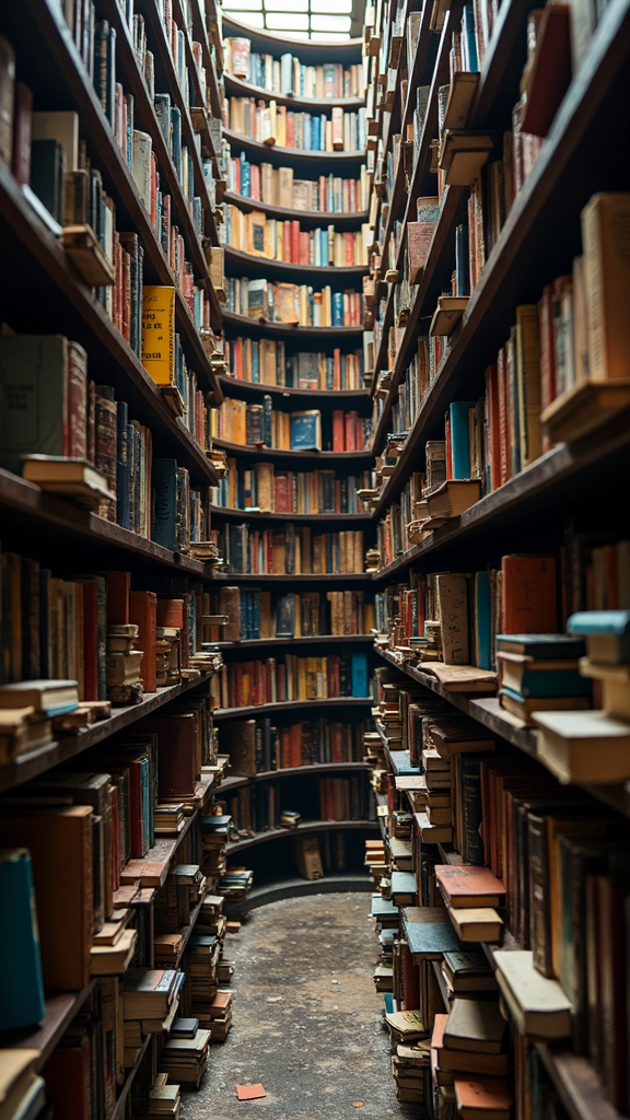 A narrow and towering library aisle filled with an extensive collection of books, reaching up towards a skylight.