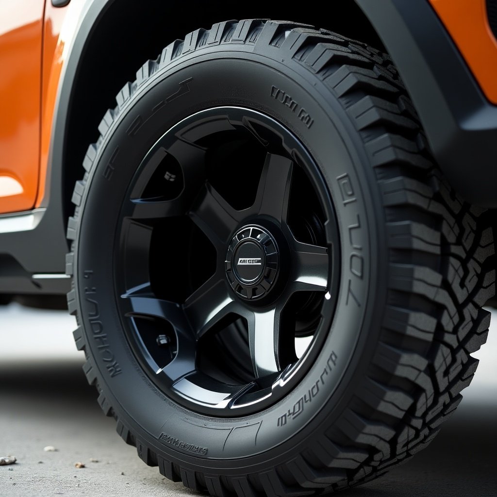 Close-up view of a wheel rim designed for an electric off-road car. The image features a black and orange color scheme with a focus on the wheel design and tire texture.