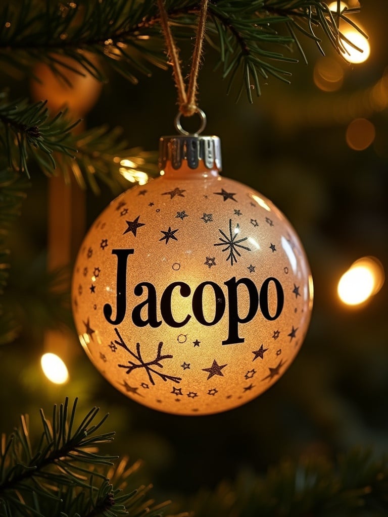 Beautiful memorial bauble hanging on a lighted Christmas tree featuring the name 'Jacopo' in an elegant font.