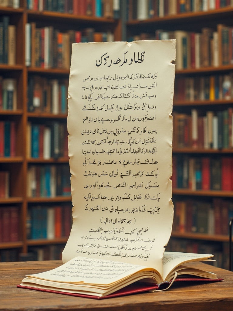 Display words on library insights in Urdu. Show an open book with a page standing upright. The background contains bookshelves filled with books. Emphasize the text and context.