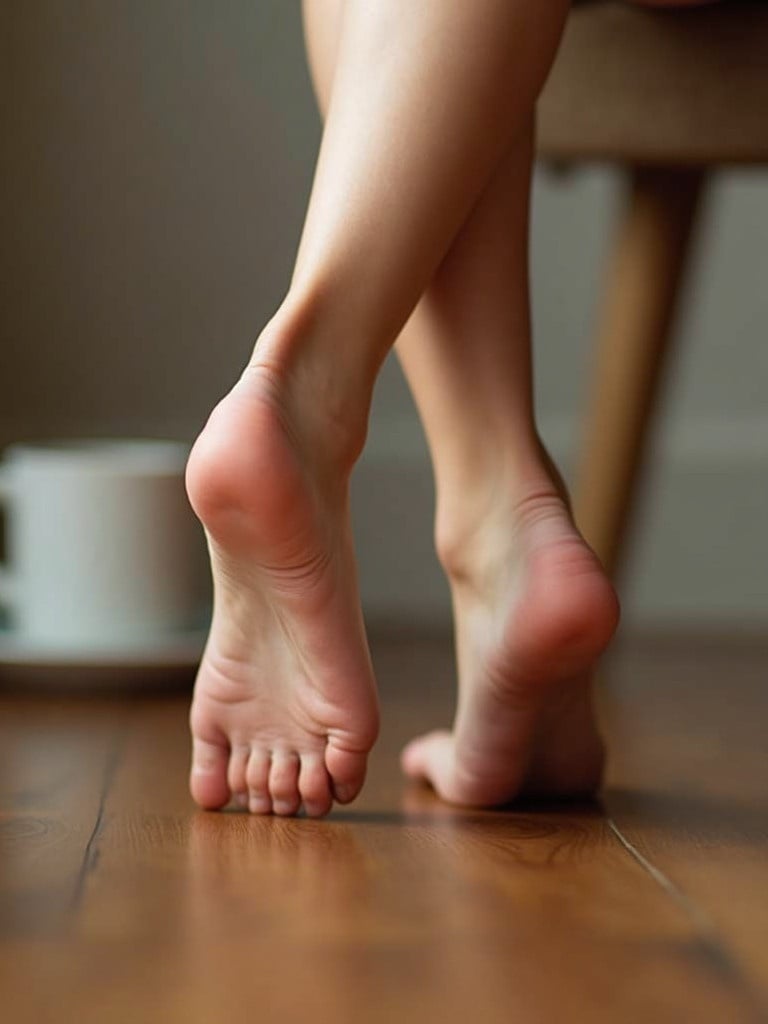 Close-up of a bare foot captured from behind with coffee mug visible. Foot resting on wooden floor with natural light filtering in.