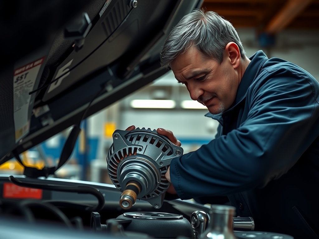 A skilled mechanic is focused on installing an alternator beneath the hood of a car. The ambient light in the garage space is soft, emphasizing the mechanic's concentration and the metallic details of the engine. His facial expression reveals dedication and expertise in his craft, surrounded by the subtle industrial ambiance of the workshop.