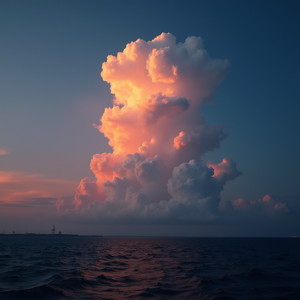 A dramatic, towering cumulus cloud illuminated by the warm hues of a sunset, against a calm ocean backdrop.