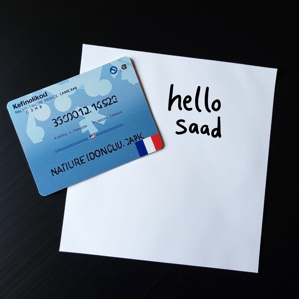 French national identity card placed on a dark surface. White paper underneath includes handwritten text with a greeting. Card displays blue and white colors. Clear contrast between items.