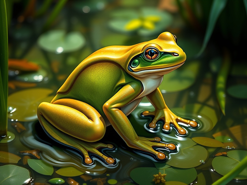 This image depicts a vibrant, green and yellow frog perched on a lily pad in a calm pond. The frog's glossy skin reflects the natural light, enhancing the contrast with the dark green water and surrounding lily pads. The image captures the serene and natural beauty of aquatic life, with the frog as the focal point against a softly blurred background.