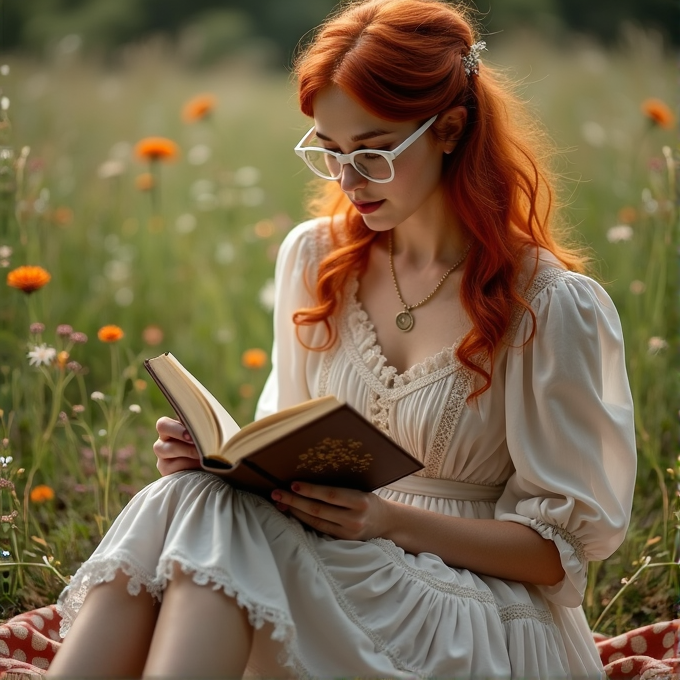 A woman with red hair and glasses reads a book while sitting in a field of flowers.