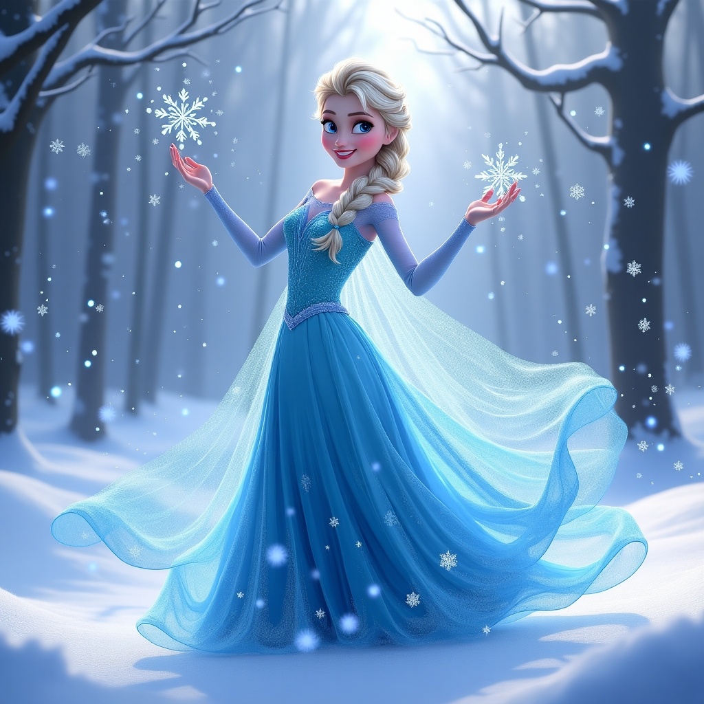 The image portrays Elsa from Disney's Frozen celebrating the magic of winter. She stands elegantly in a snowy forest, wearing her iconic blue gown. With a soft smile, she twirls gracefully, creating sparkling snowflakes with her hands. The scene is enhanced by ethereal lighting filtering through tall, snow-covered trees. The atmosphere is enchanting and joyous, encapsulating the spirit of a winter wonderland. This artwork is designed to evoke feelings of nostalgia and magic, making it perfect for fans of the Frozen franchise.