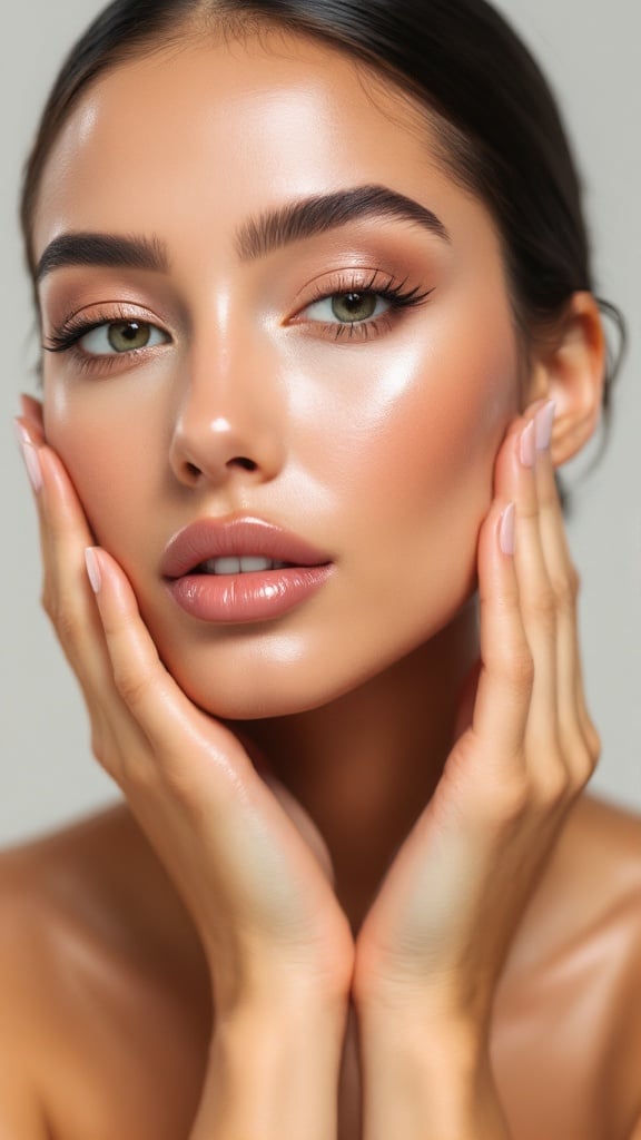 Portrait featuring a beautiful woman showcasing glossy skin texture with an emphasis on hands gently framing the face. Focus on natural beauty and artistic capture without distractions.