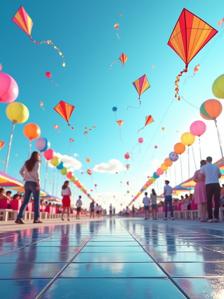 Real image of a kite festival scene. Colorful kites fill the sky against a bright blue background. Glossy tiles reflect vivid colors. People enjoy the festival atmosphere. A subtle branding element signifies elegance and quality. Cheerful modern feel.