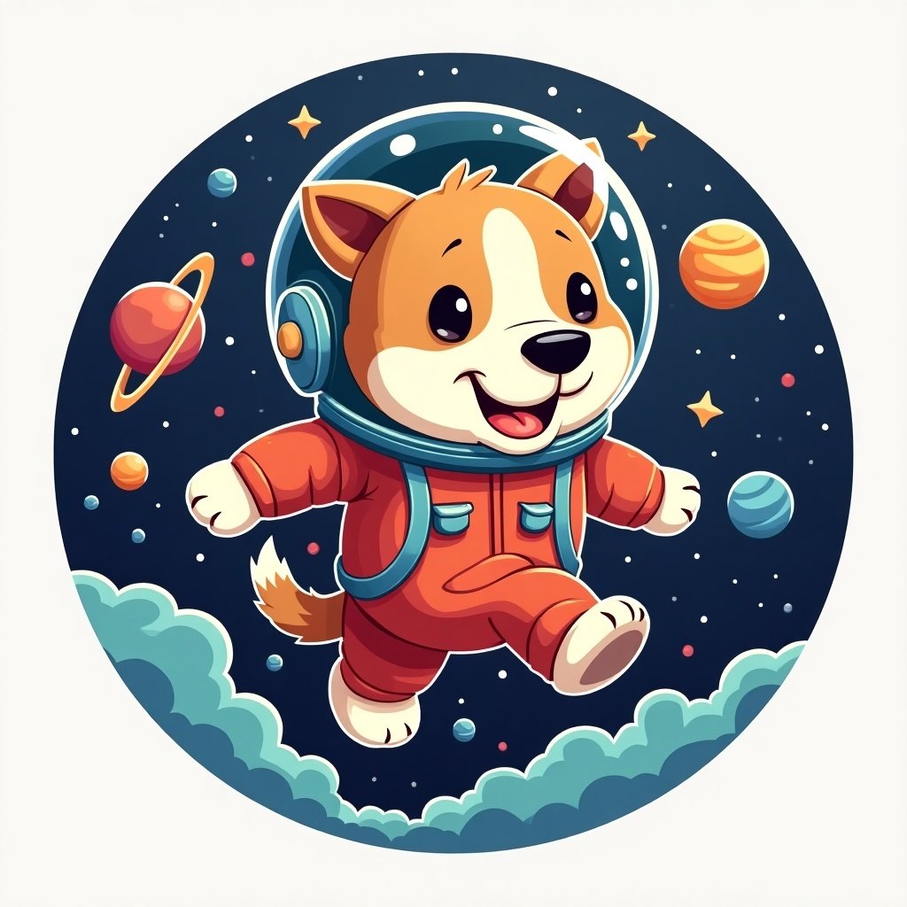 Logo features a cheerful dog in a spacesuit. Background includes planets and stars. Dog is smiling and appears to float in space.