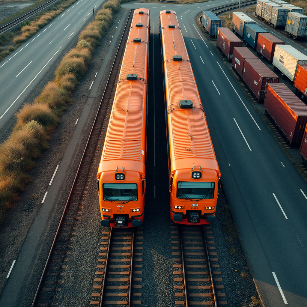 Two orange trains are parallel on separate tracks, with colorful shipping containers nearby.