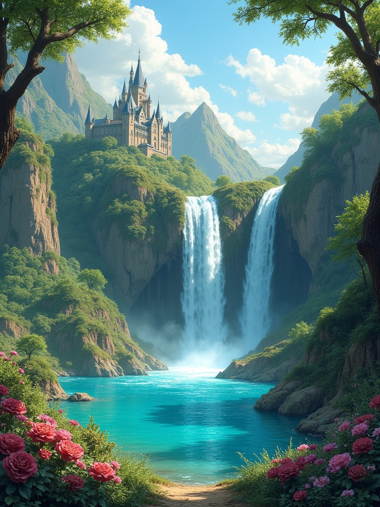 A picturesque fantasy landscape features a cascading waterfall flowing into a turquoise lake. The scenery is surrounded by lush greenery and vibrant flowers. A castle is visible on a distant hill under a serene sky.