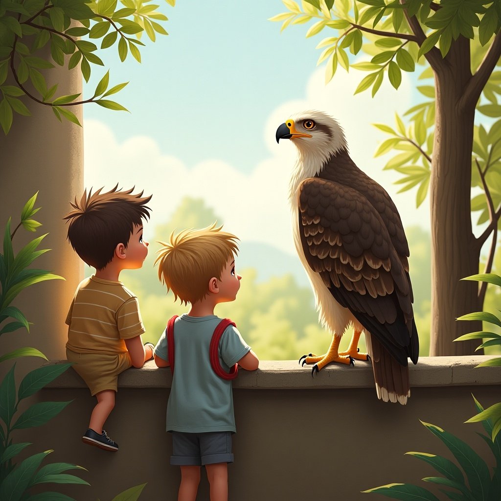 Hawk watching children. Scene with two children observing a hawk in a natural setting. The background features trees and foliage. The children show curiosity and wonder at the bird. The hawk stands majestically, representing nature's beauty.