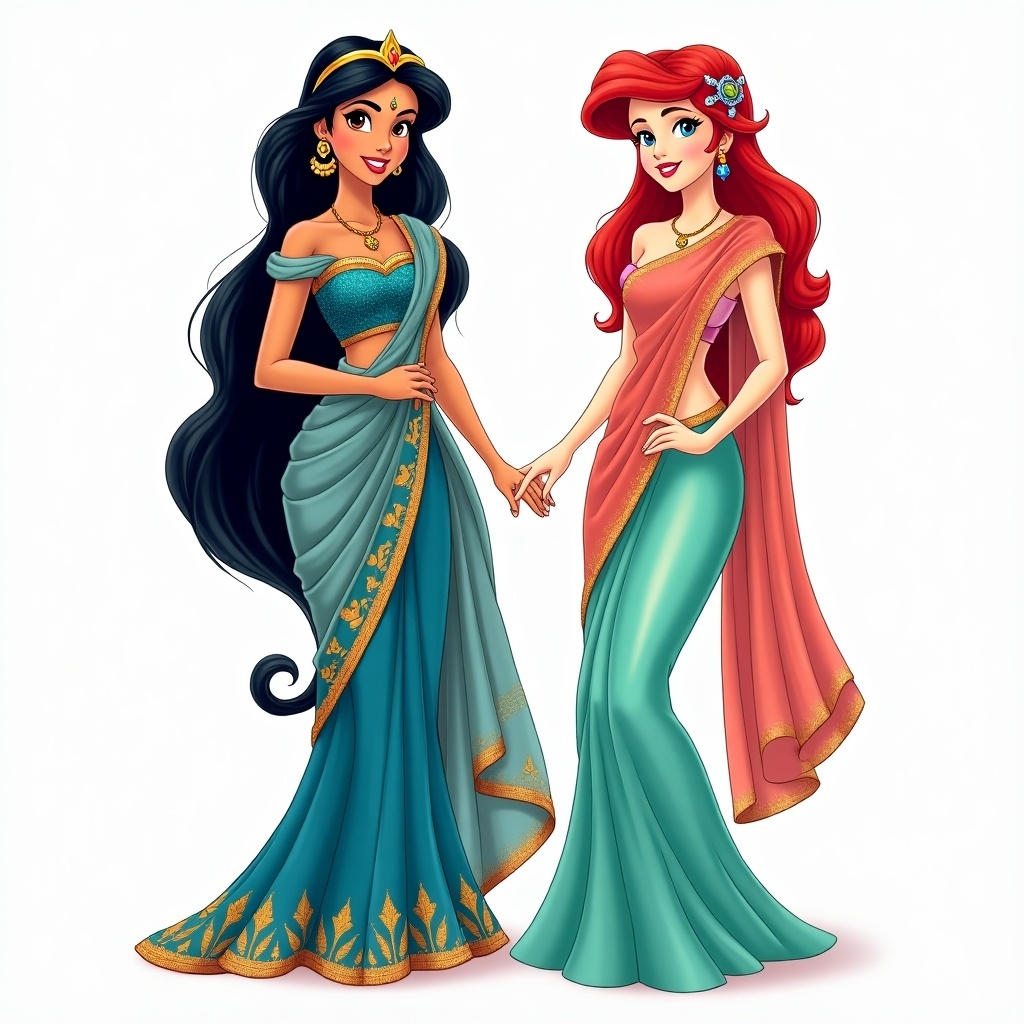 Princess Jasmine and Princess Ariel are wearing sarees. They are standing side by side holding hands. The background is plain and bright. They represent cultural attire in a friendly pose.