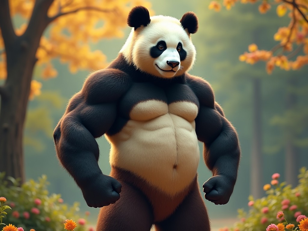 A muscular panda standing confidently in a forest filled with autumn leaves. The panda has a strong, defined physique with a cartoonish yet realistic style. Surrounding the panda are colorful flowers adding to the vibrant scenery. The soft lighting enhances the panda’s features, creating a warm, inviting atmosphere. The backdrop consists of tall trees, highlighting the natural setting.