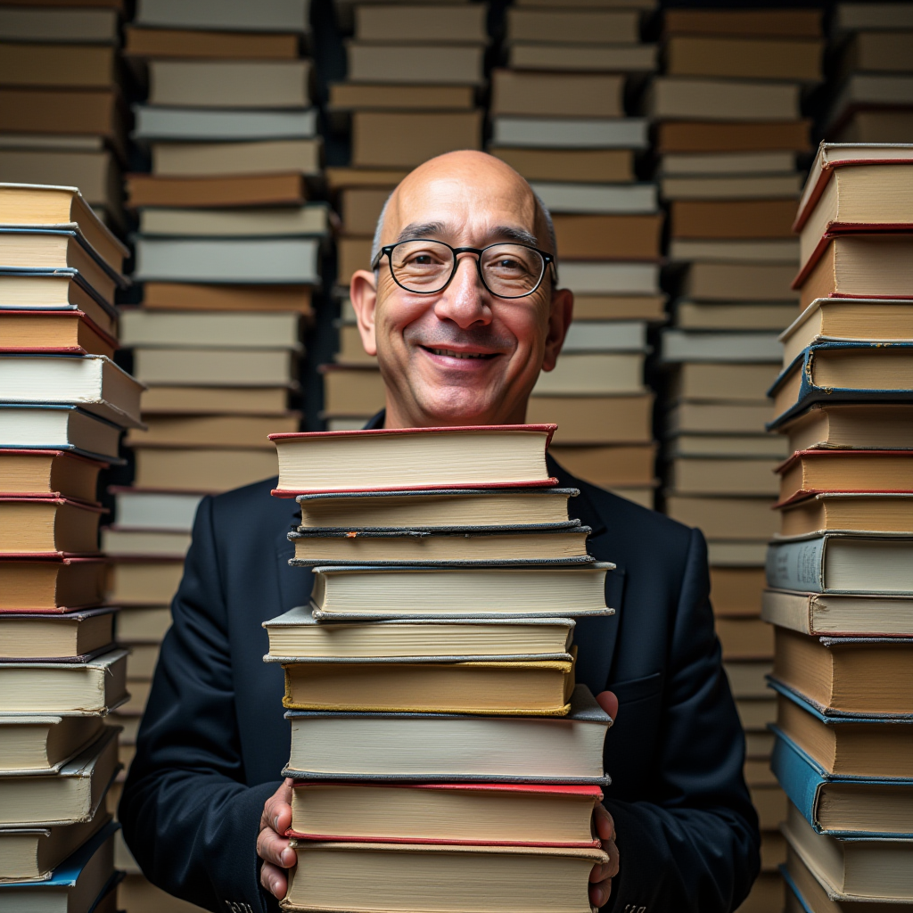 A smiling man stands surrounded by tall stacks of various books in a room filled with literature.