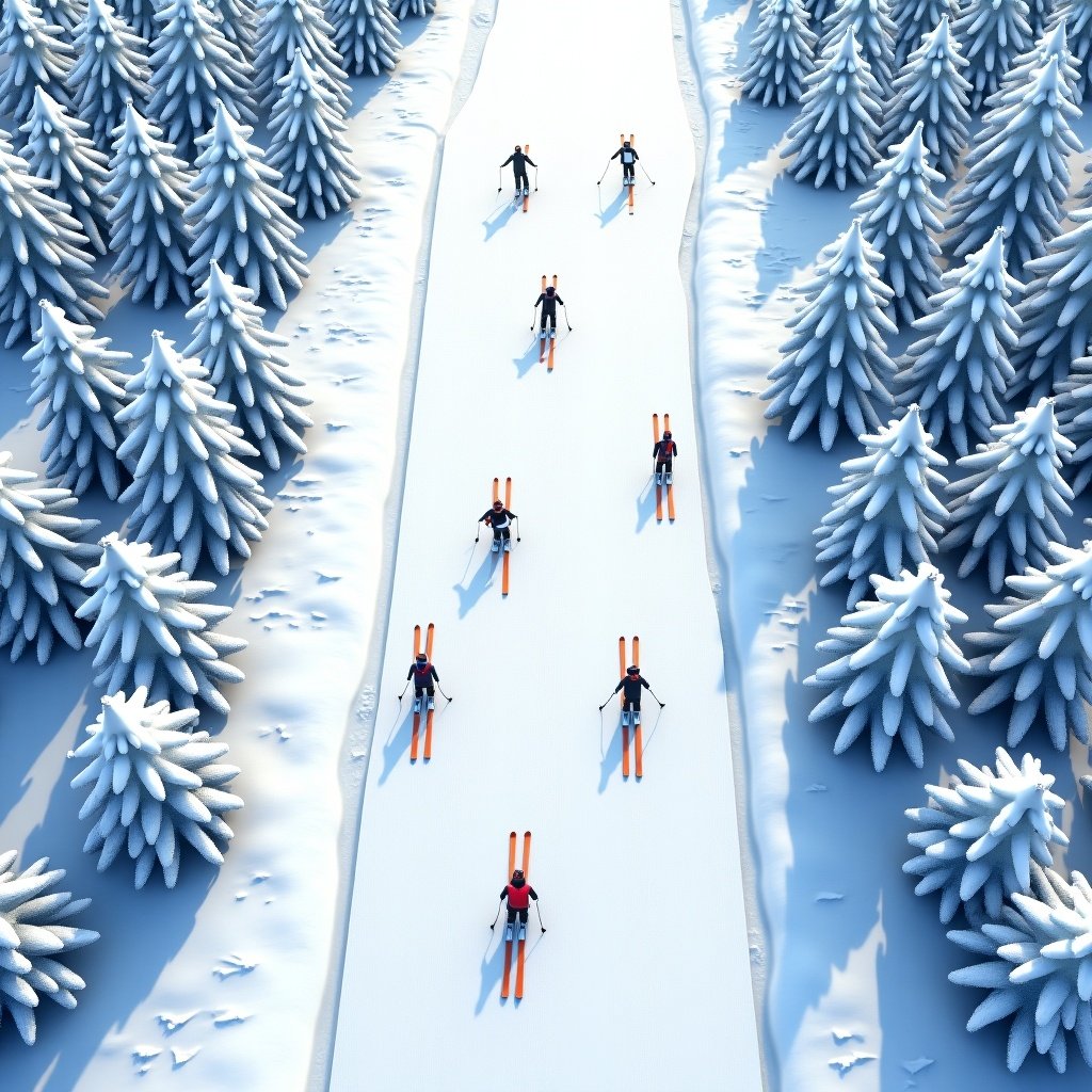 Top-down view of a ski piste. Full view of ski route going downhill. Pixel art style. Snowy mountain background with snowy trees. Skis and skiers visible on the route.