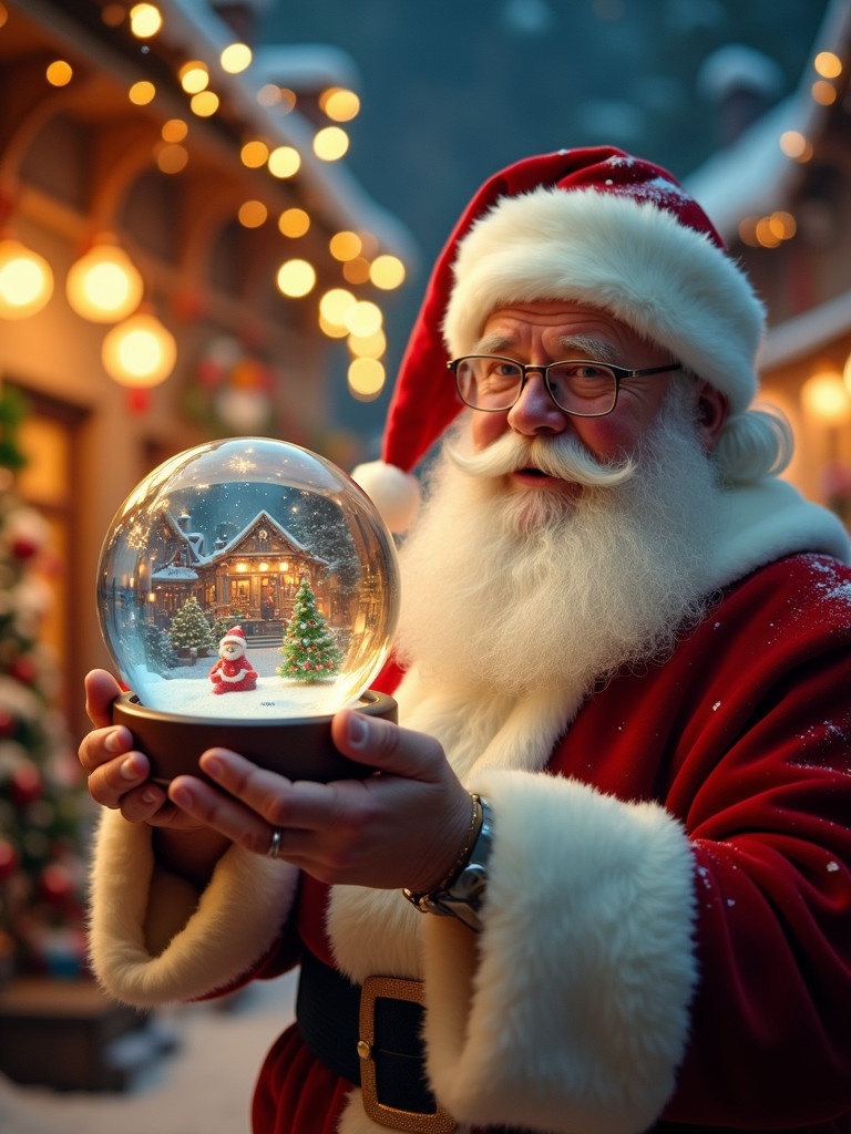 Christmas scene with Santa Claus in red and white suit. Santa holds a snow globe. Snow globe features a small figure of Santa. Background shows a toy shop with festive decorations and glowing lights.