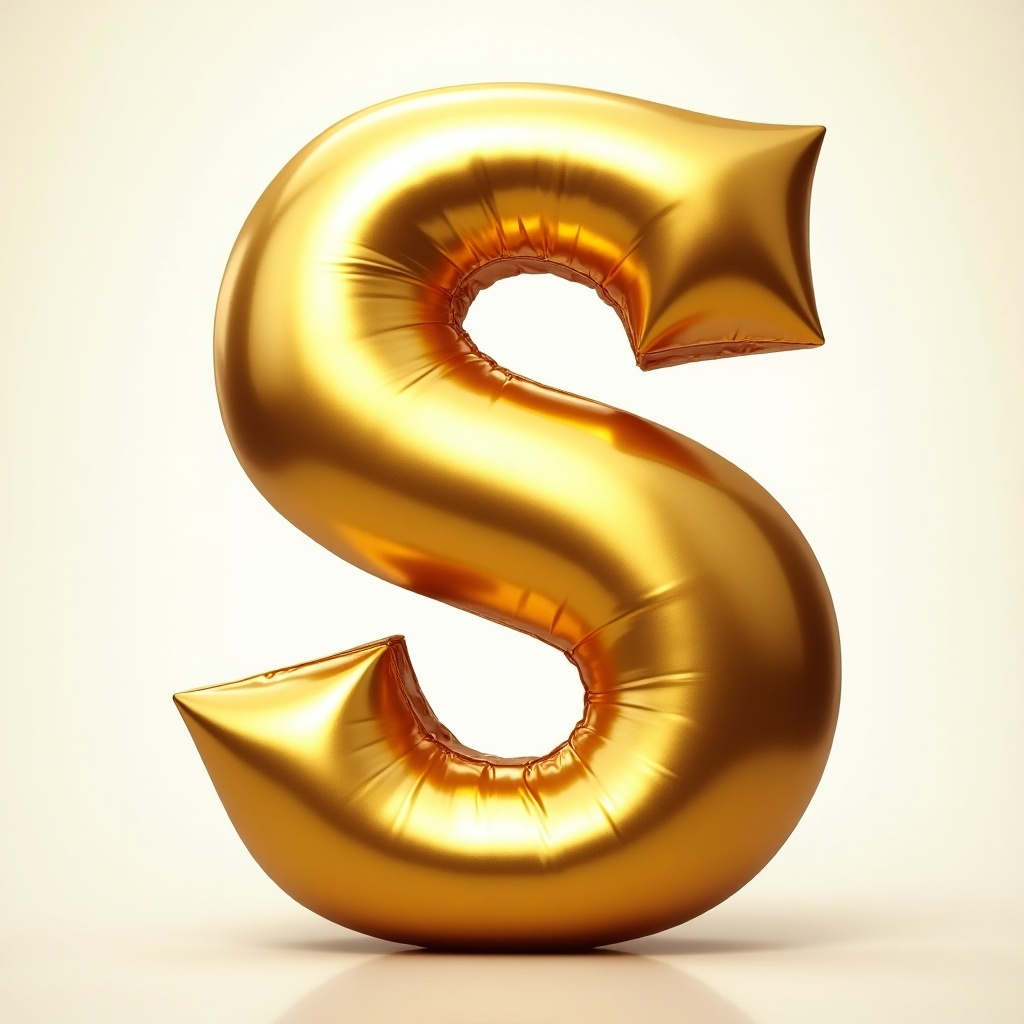 A shiny, golden letter 'S' stands out prominently against a smooth, soft background. The letter has a curvy shape, embodying a sense of elegance and boldness. Its reflective surface catches the light, adding to its luxurious appearance. The background transitions gently to a warm, neutral tone, emphasizing the brilliance of the gold. This image is suitable for various promotional uses, conveying grandeur and sophistication.