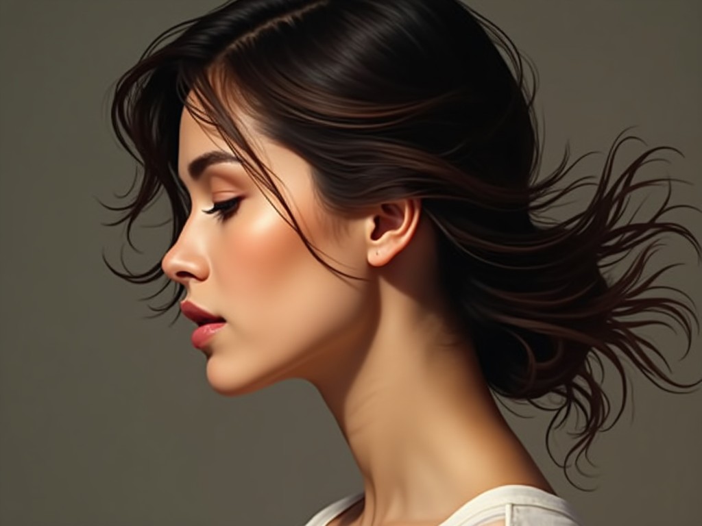 The image features a detailed portrait of a woman in profile. Her dark, flowing hair frames her face, with some strands gently falling over her forehead. The skin tone is warm and natural, highlighting her smooth complexion. She has a serene expression, with her lips slightly parted and her eyes closed. The light source creates soft shadows along her jawline and neck, adding depth to the image. Overall, the painting captures a moment of calm and beauty in a realistic style.