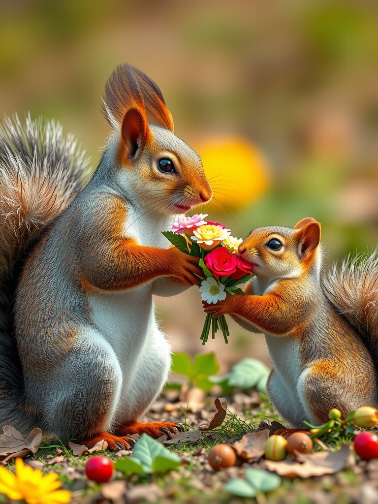 This captivating image showcases two adorable squirrels in an endearing moment, where one squirrel is handing a small bouquet of flowers to the other. The scene is set against a soft-focus background that brings out the vibrant colors of the flowers and the detailed texture of the squirrels' fur. This interaction exudes warmth and playfulness, suggesting a shared bond or simple gesture of affection in a natural setting.