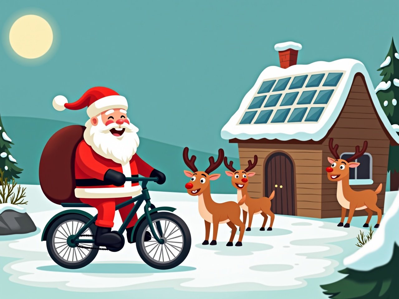 Cheerful scene at Santa's Workshop. Santa Claus riding a bike. Little elves and reindeer laughing. Workshop roof with solar panels. North Pole festive theme. Cartoon style.