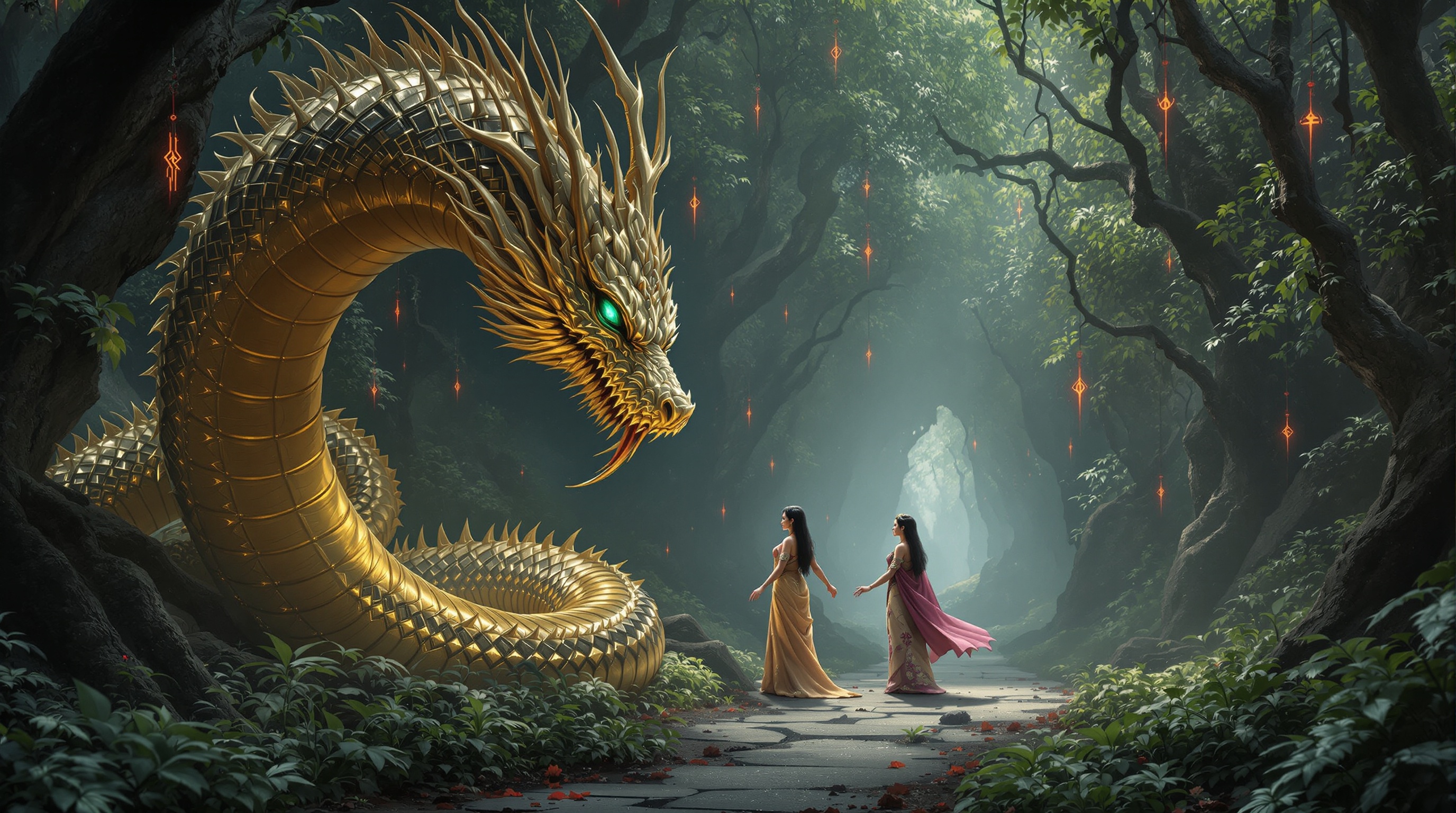 Ultra HD image of a Queen and King in a forest. A golden Guardian Serpent interacts with them. The Queen pacifies the serpent while wearing a pink and gold saree. The King beside her in golden armor looks on. The serpent lowers its head acknowledging peace. Jungle setting filled with mystical elements.