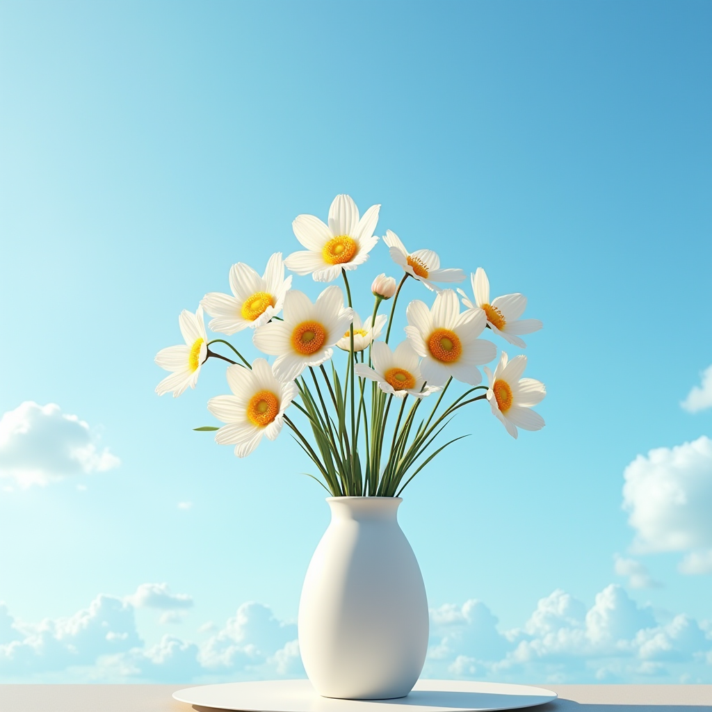 A white vase with daisies sits on a surface against a bright blue sky.