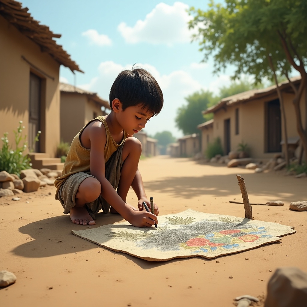 In a peaceful village setting, a young boy named Ali is deeply immersed in his creativity. He is using a stick to sketch beautiful scenes on the dirt path in front of him. The atmosphere is humble and serene, with simple village houses and trees in the background. Dressed in ragged but clean clothes, Ali exudes a unique charm as he loses himself in his imagination. The soft sunlight adds warmth to the scene, highlighting the beauty of childhood. This image captures the essence of creativity and the simple joys of rural life.