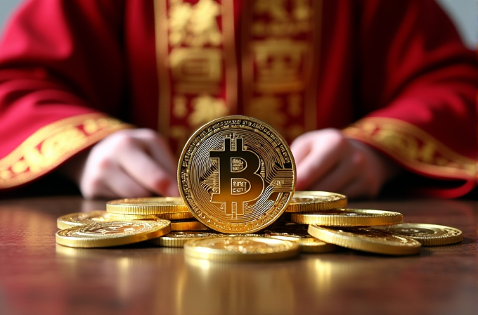 A person in traditional red clothing is sitting behind a pile of shiny Bitcoin coins.