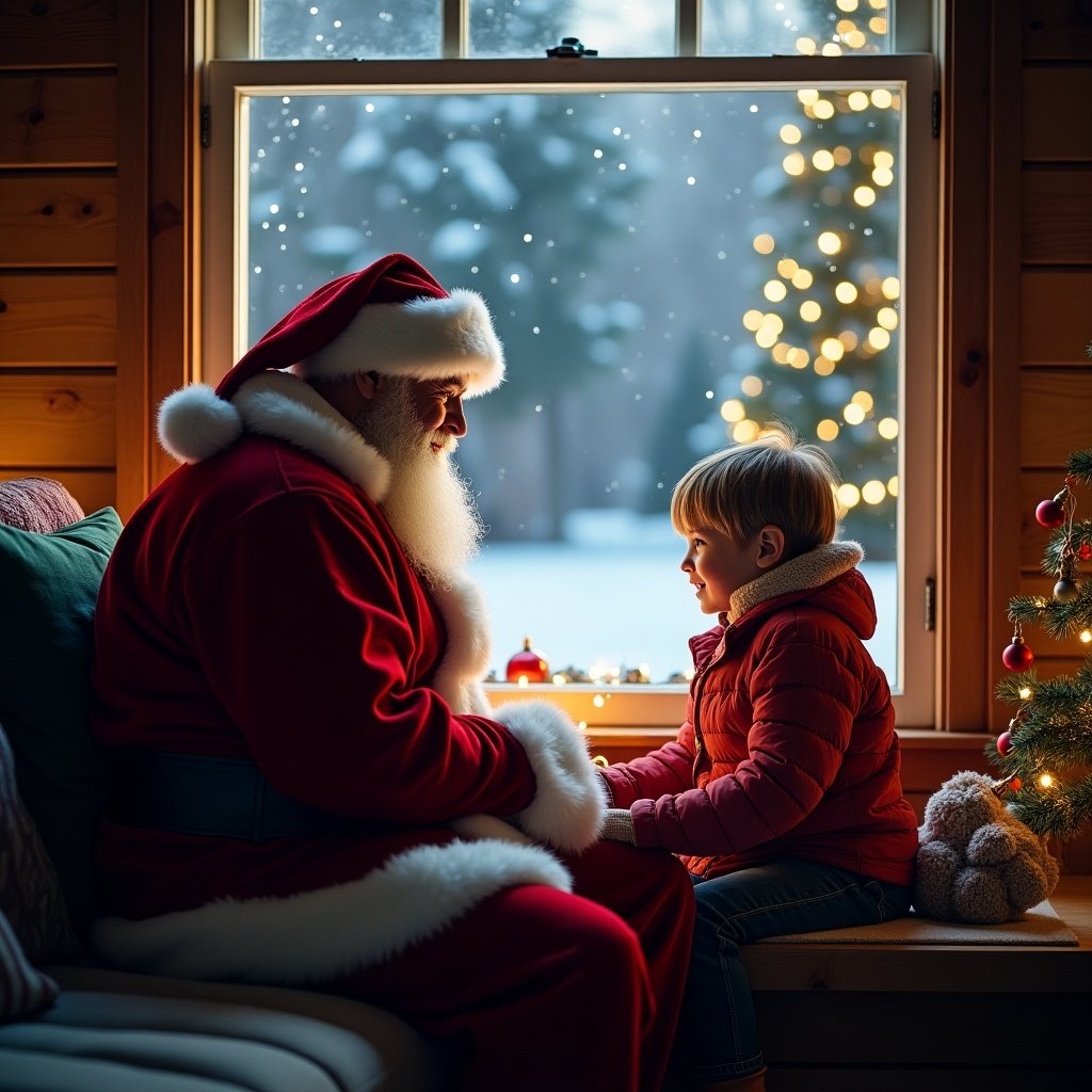 A magical Christmas scene featuring Santa Claus and a child looking at each other through a window. Snowflakes fall outside, creating a serene atmosphere. The background sparkles with festive lights. The room is cozy and inviting, accentuated with warm colors.