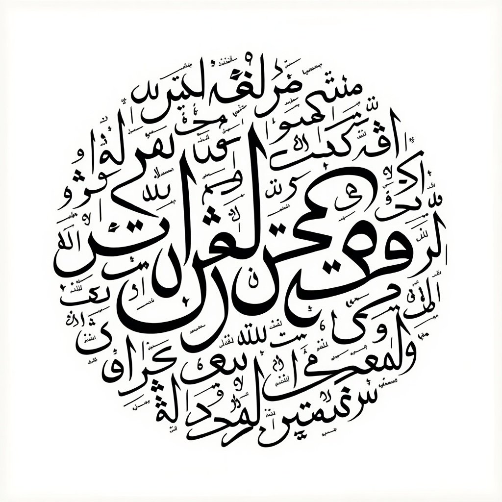 Handwritten Arabic calligraphy features names. Design has a circular shape. Calligraphy fills the space. Stylistic presentation of Arabic script.