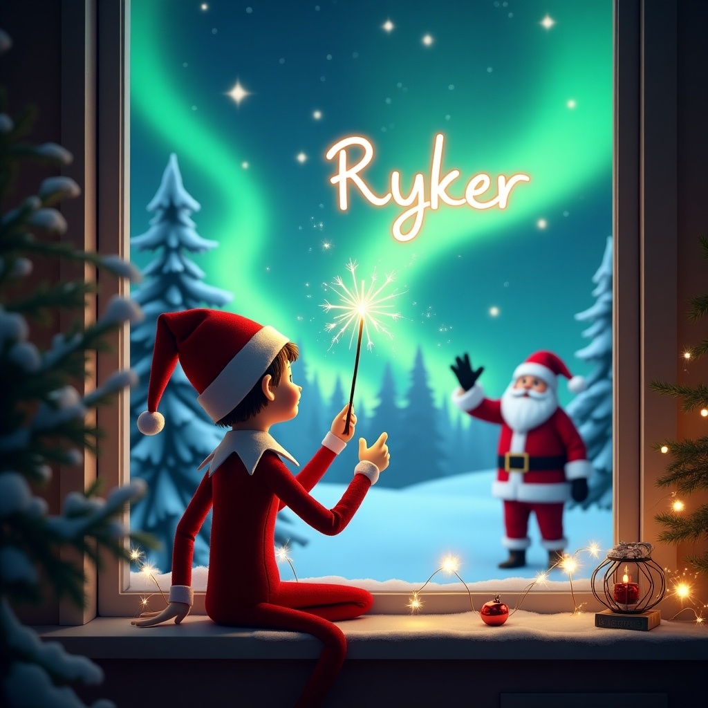 The image depicts an elf on the shelf sitting by a window, gazing outside at a magical winter wonderland. The elf, dressed in festive red and white, is using a sparkling wand to write 'Ryker' in the night sky. In the background, Santa Claus waves joyfully amidst a backdrop of vibrant northern lights. Snow-covered trees frame the idyllic scene, enhancing its cozy feel. This imagery beautifully captures the spirit of the holiday season with whimsical charm and excitement.