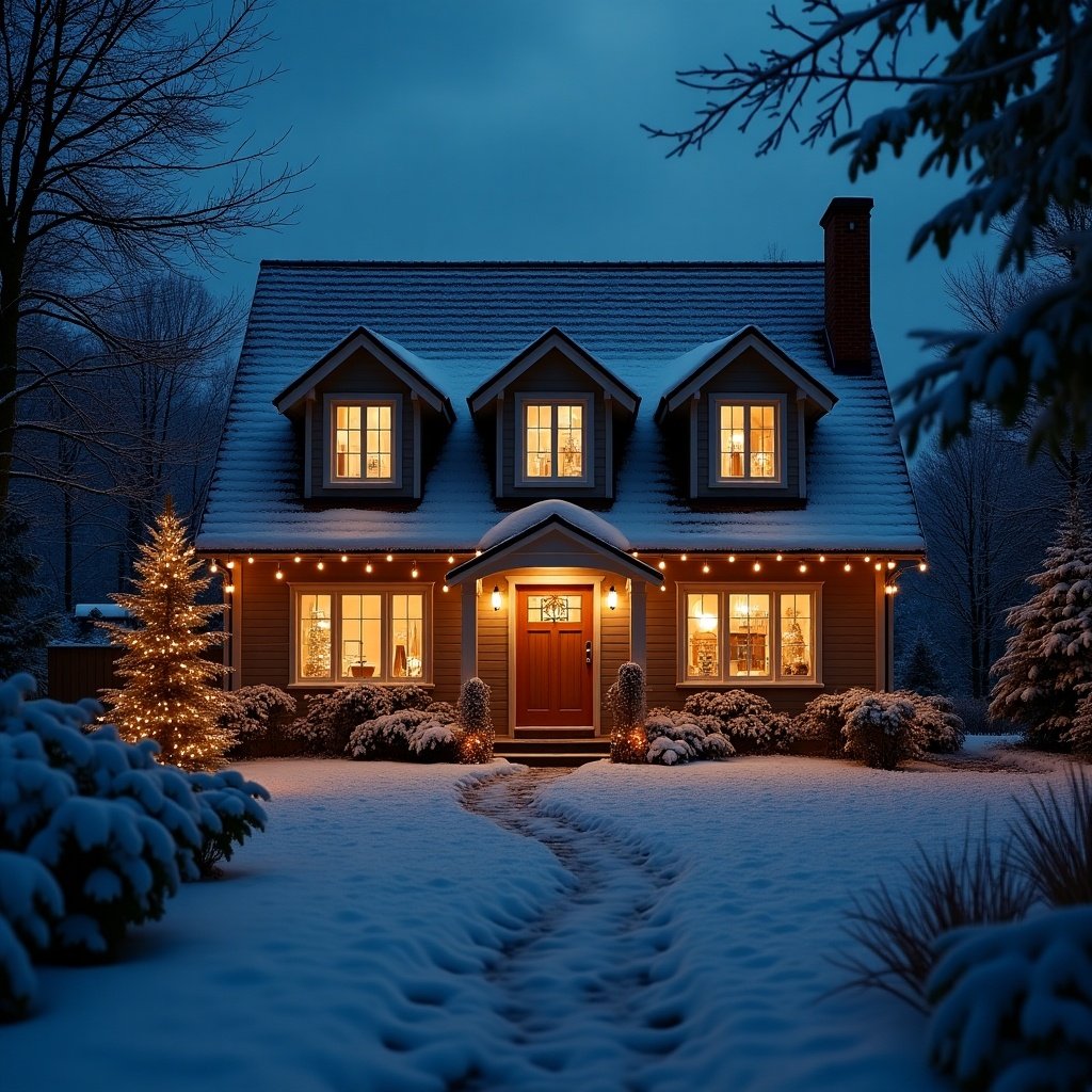 A cozy family home during Christmas with solar panels on the roof. The house is illuminated with warm lights. Soft snow blankets the surroundings. A pathway leads to the entrance. Trees are adorned with Christmas lights.