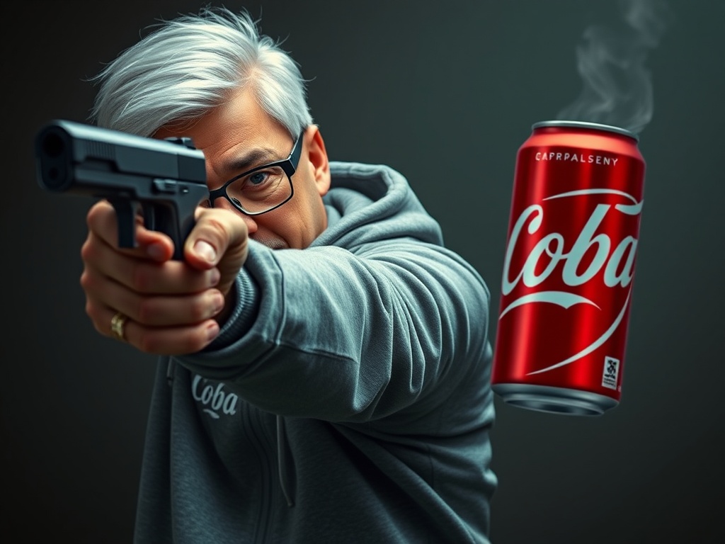 The image depicts a person with silver hair and glasses aiming a handgun directly at the viewer. Floating in the foreground is a red 'Coba' can with steam emanating from it, contrasting against the figure's intense focus. The background is a gradient dark tone, accentuating the subject's dynamic pose and the whimsical juxtaposition of a soft drink with a weapon.