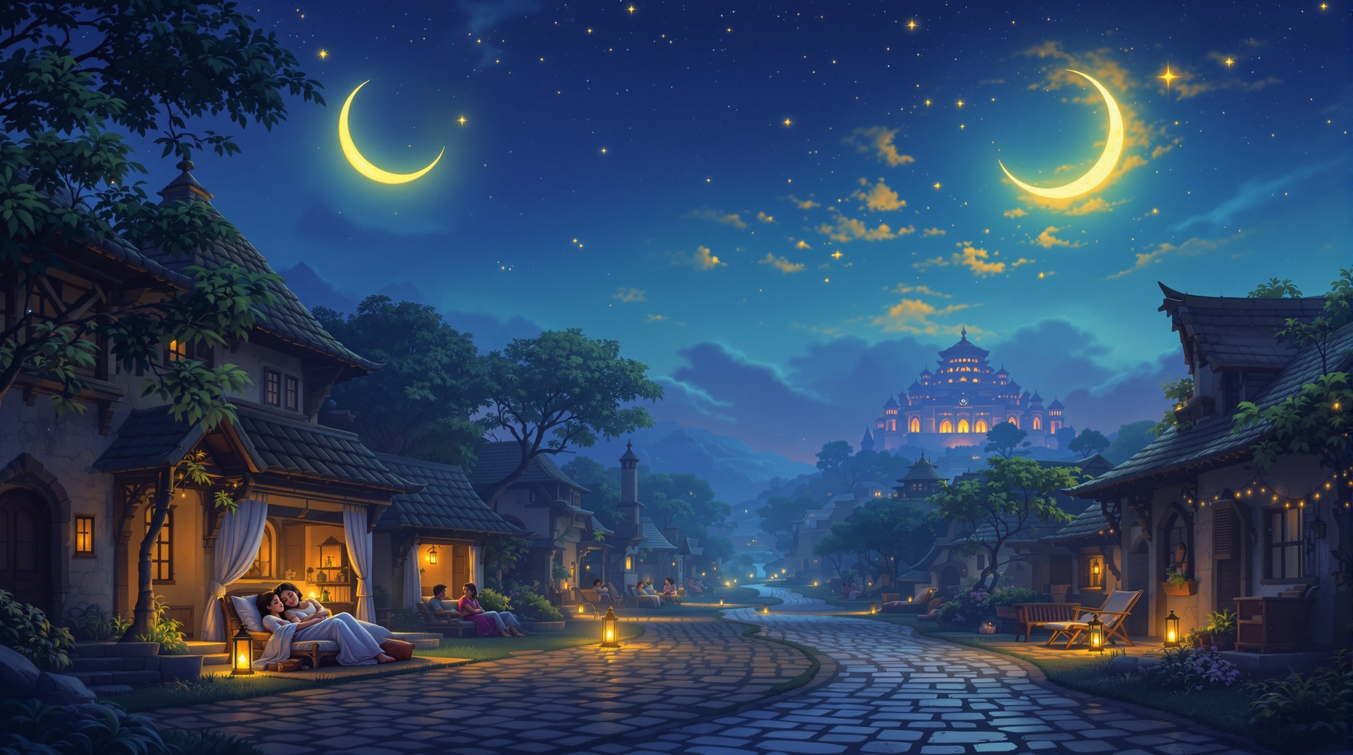 Depiction of Surya Garh in nighttime tranquility. Villagers show peaceful faces, resting in homes. Crooked paths with warm lanterns illuminate cobblestone roads. Softly swaying trees create a calming atmosphere. Children dream nestled with parents. Grand palace of Surya Garh shines under moonlight. Positive dreams symbolize hope and joy. Magic and serenity combine in the idyllic kingdom.