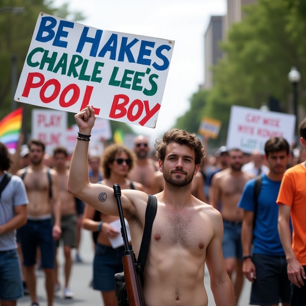 A protest scene with a gay boy holding a sign about being Charles Lee’s pool boy while carrying a rifle. The crowd is mostly shirtless in a lively atmosphere.