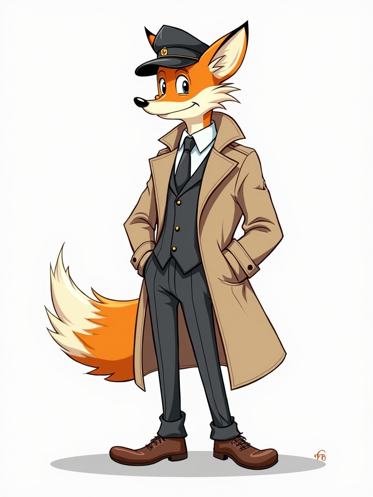 Charming fox character modeled after Tails wears a chauffeur cap and trenchcoat. Visuals feature a confident stance with hands in pockets. Attire includes a suit and shoes, presenting a stylish appearance.