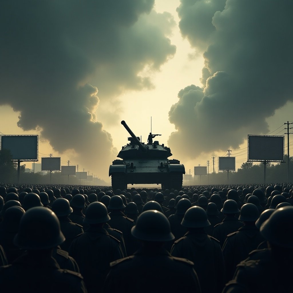 Intense scene illustrating the start of Indo-China war. Dark and tumultuous sky creates ominous atmosphere. Large crowd of soldiers stands rigidly facing military tank in center. Ominous clouds and buildings under threat in skyline. Billboards in background heighten tension of scene. Powerful visual evokes fear and uncertainty about seriousness of global conflict.