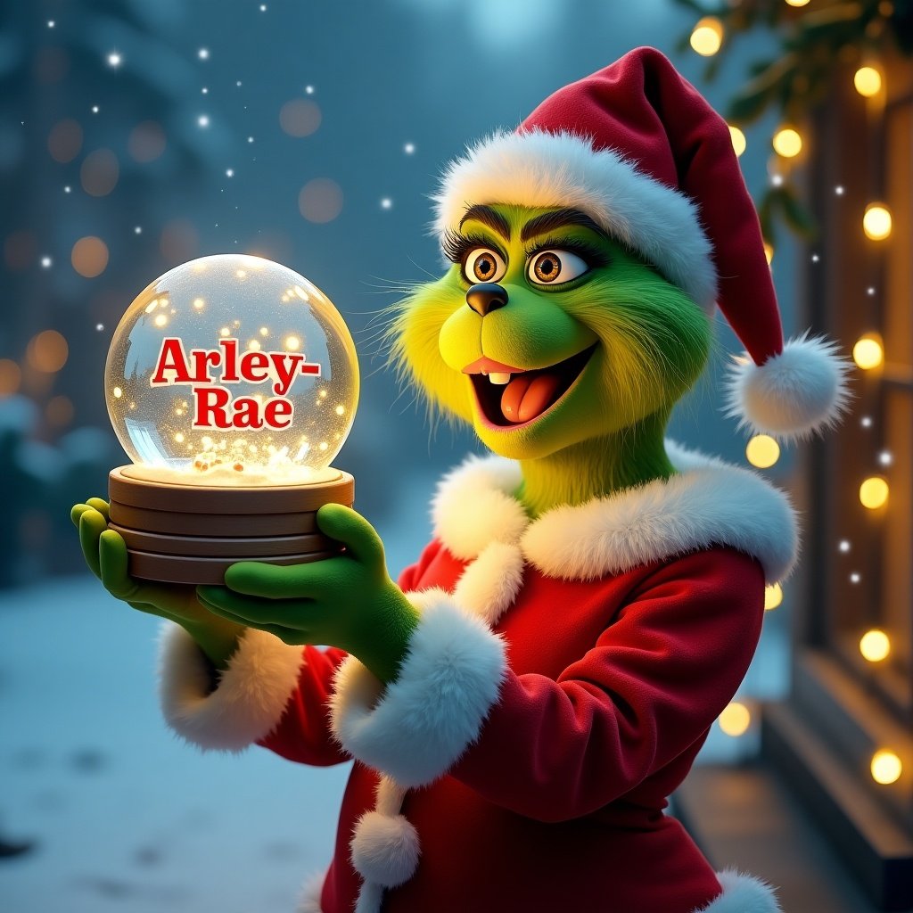 Grinch in Christmas outfit holds snow globe with name Arley-Rae. Festive background with warm lights and snow.