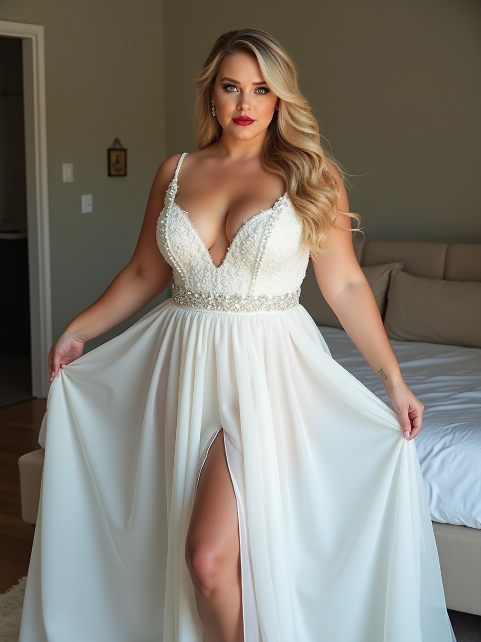 A woman stands gracefully in a luxurious room, wearing a stunning white gown with intricate beadwork and a flowing skirt. Her expression is confident and poised, complemented by striking red lipstick and elegantly styled hair. The soft lighting highlights the delicate details of the dress and enhances the sophisticated ambiance of the setting.