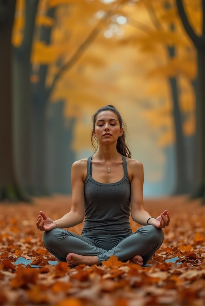 A woman is meditating in a forest with autumn leaves on the ground and trees with orange foliage.