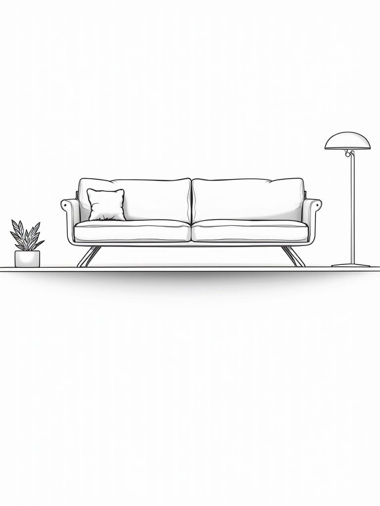 2D vector drawing of a sofa and standing lamp in elevation view. Black line art style. Simple design with a plant nearby. Clean background.