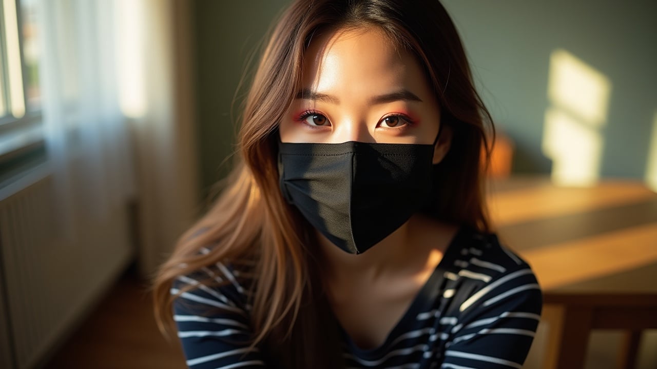 Young woman with long brown hair wearing a dark striped top. Close-up portrait slightly soft focus. Natural light creates highlights and shadows in a room with a window and wooden table. Warm golden tones dominate. Neutral direct expression with light makeup and red lipstick. Wearing a black medical mask. Background out of focus.